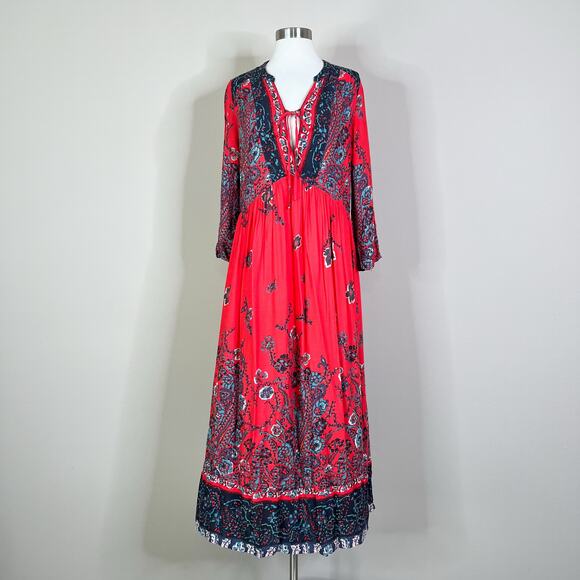 Free People | If Only You Knew Red Floral Slit Flowy Boho Maxi Dress EUC XS - Picture 3 of 12